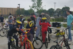 Kids receiving their Heads Up For Safety  bicycle helmets.
